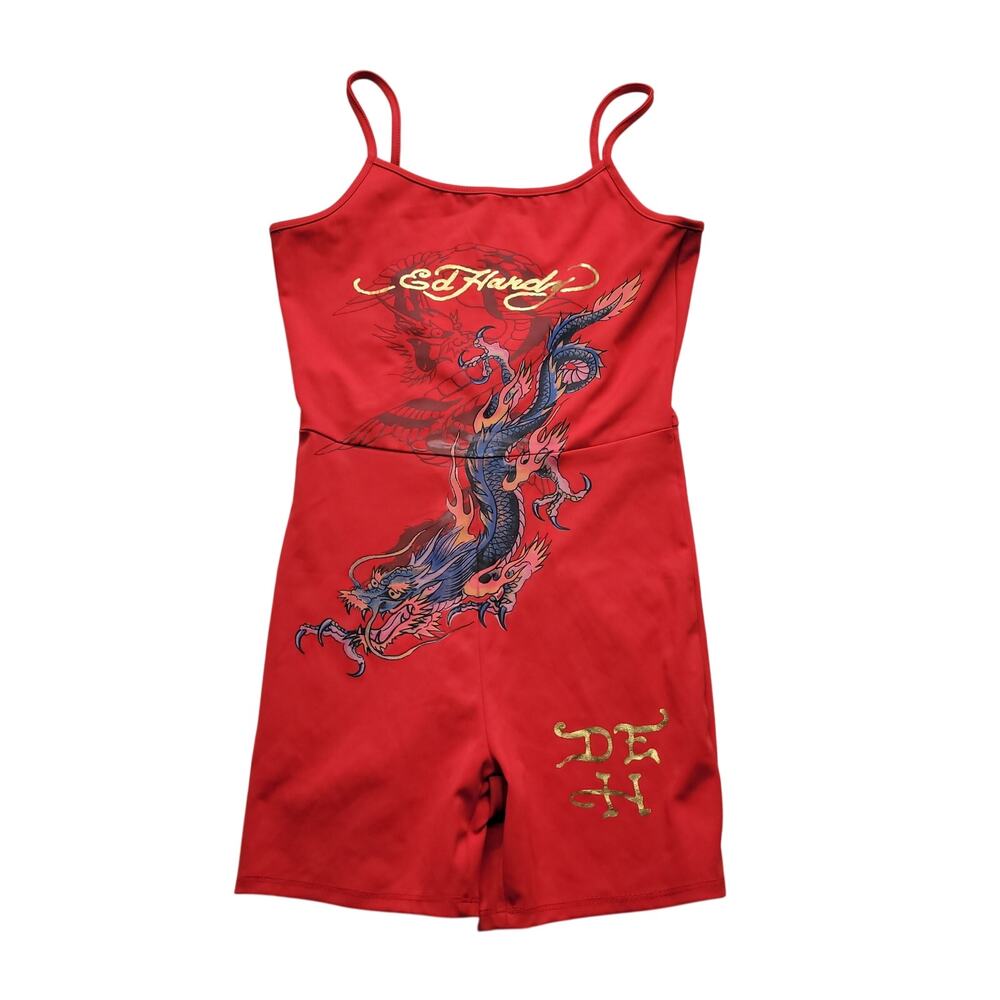 Ed Hardy Womens Red Dragon Romper Shorts Jumpsuit Spaghetti Strap Size Small